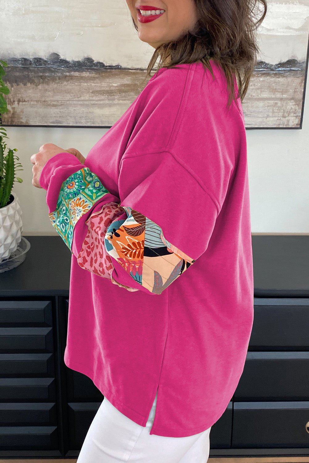 Plus size green printed patchwork sweatshirt with split sleeves by Dear-Lover, featuring a stylish and comfortable design.