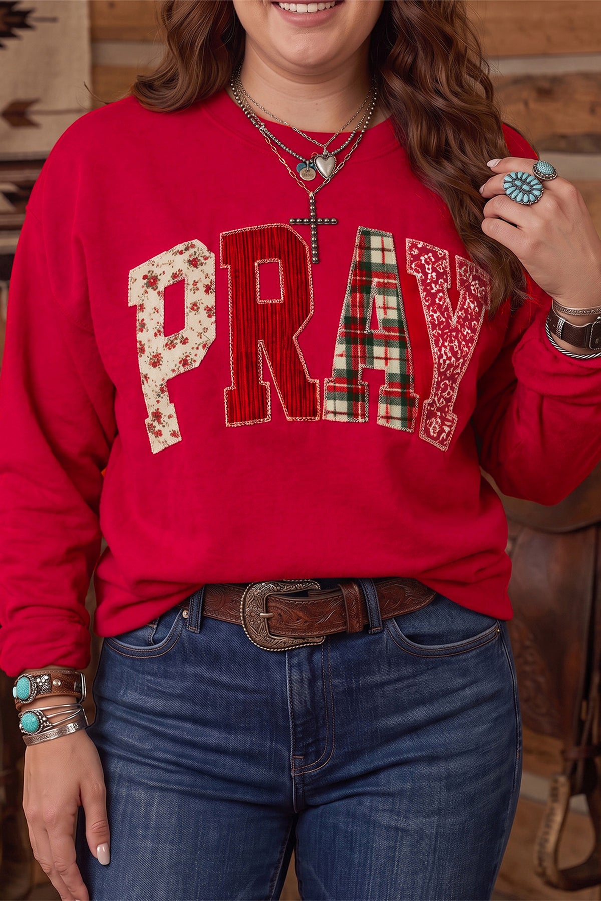 Gray Dear-Lover PRAY letter patchwork plus size sweatshirt with round neck and long sleeves, soft and comfortable for casual wear.