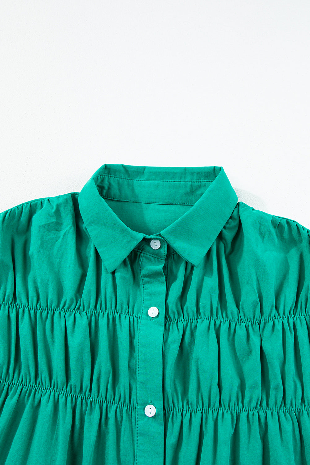Bright green shirred ruffle sleeve button-up short dress by Dear-Lover, featuring a fitted waist and playful ruffle details.