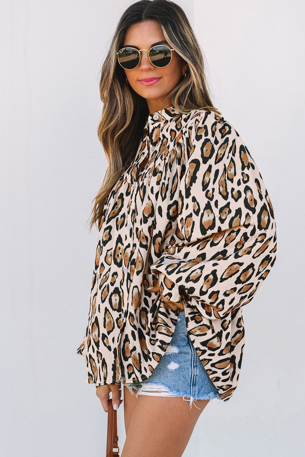 French Beige Leopard Balloon-Sleeve Shirt