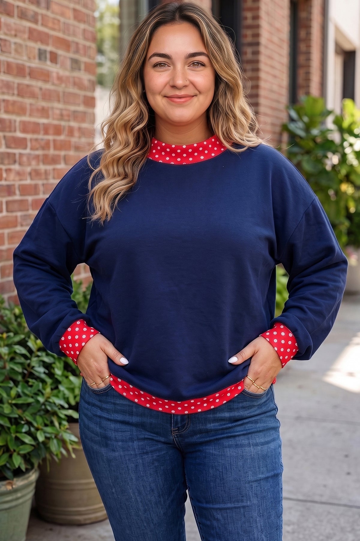 Burgundy polka dot patchwork plus size sweatshirt with round neck from Dear-Lover, cozy and stylish for casual wear.