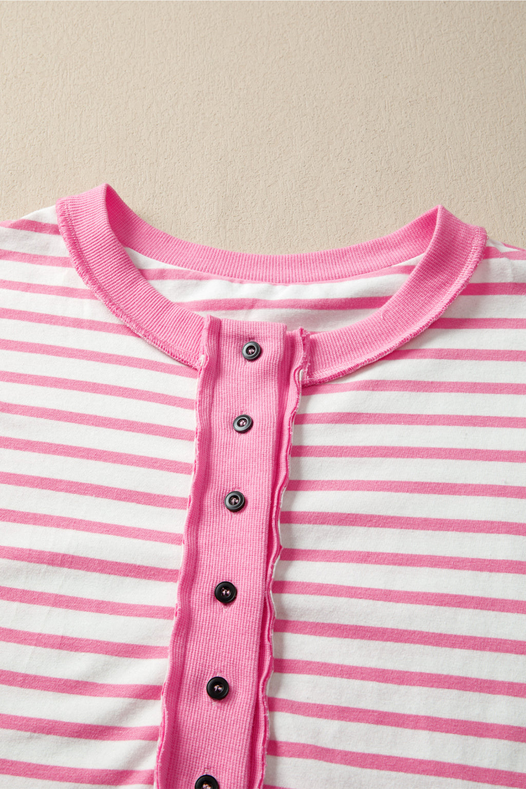 Pink Stripe Half Placket High Low Short-Sleeve Top