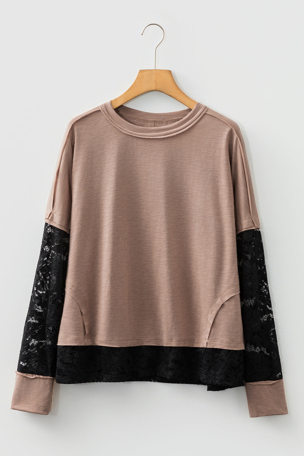 Light French Beige Sheer Lace Patchwork Casual Long Sleeve Tee