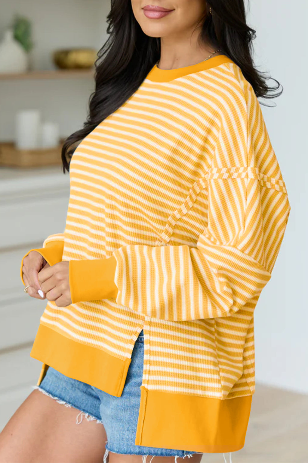 Pink Stripe Textured Knit Colorblock Trim Split Hem Long-Sleeve Top