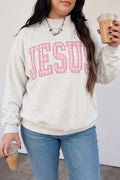 Gray plus size sweatshirt with polka dot and letter print, loose fit long sleeve casual hoodie by Dear-Lover.