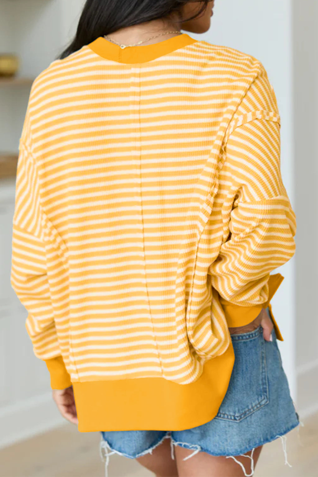 Pink Stripe Textured Knit Colorblock Trim Split Hem Long-Sleeve Top