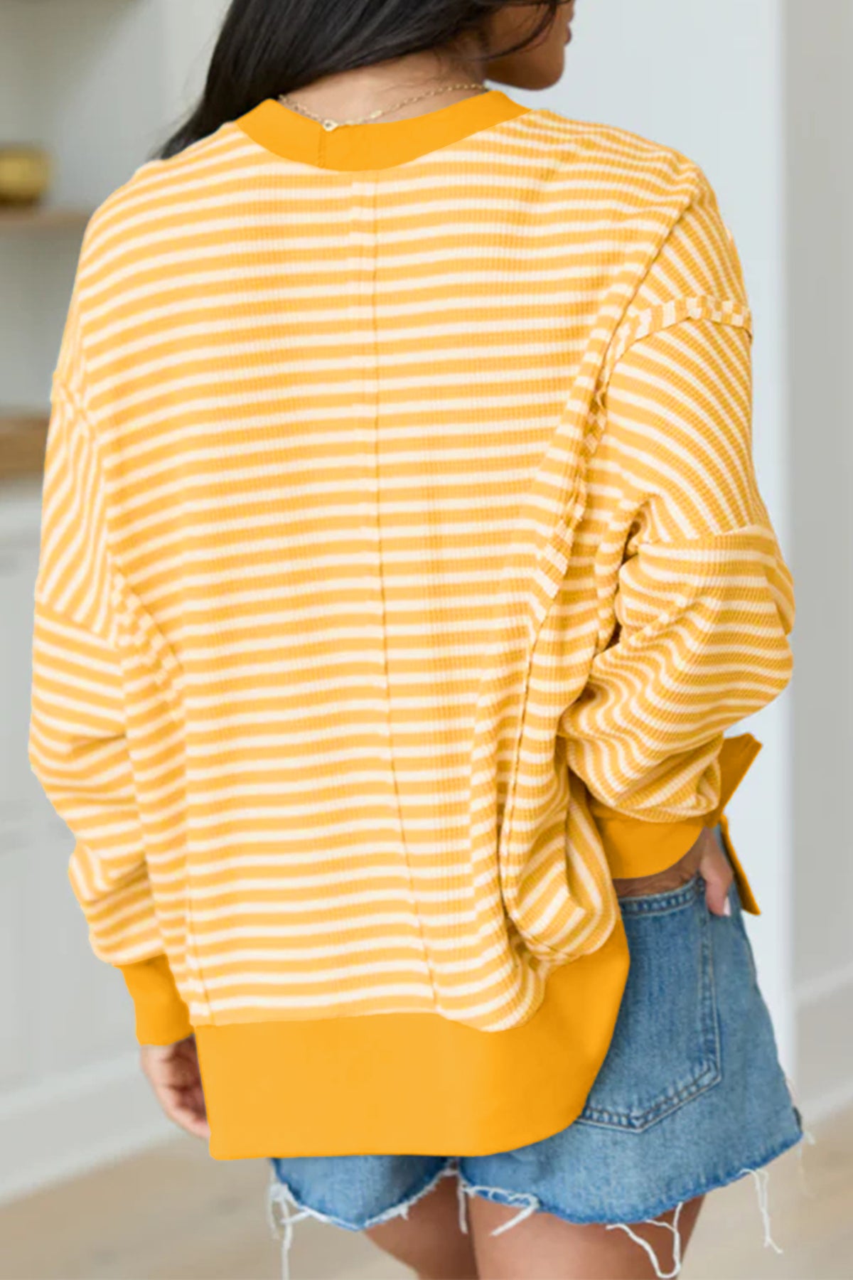 Pink Stripe Textured Knit Colorblock Trim Split Hem Long-Sleeve Top
