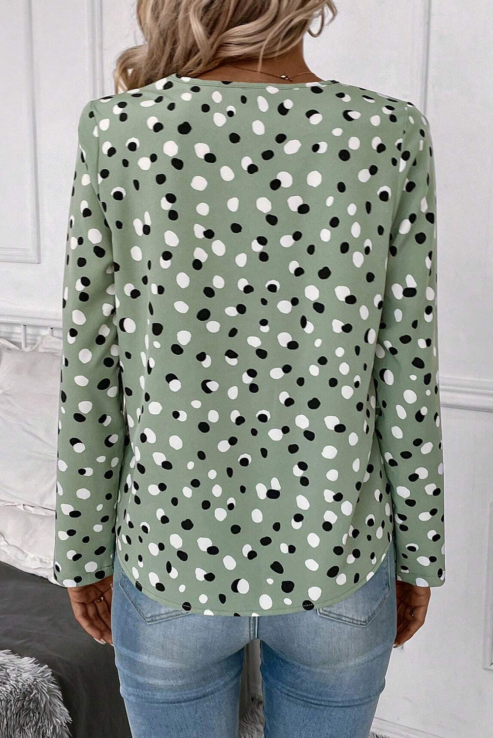 Green Polka Dot Button-Front Blouse