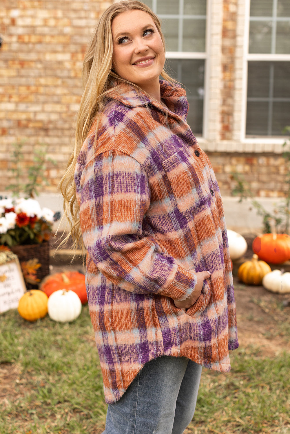Multicolour plaid print plus size collared button-up jacket by Dear-Lover, featuring a stylish design and vibrant pattern.