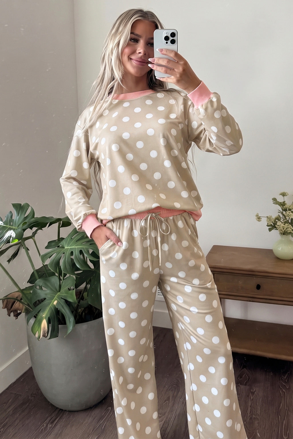 Polka Dot Contrast Trim Pant Set