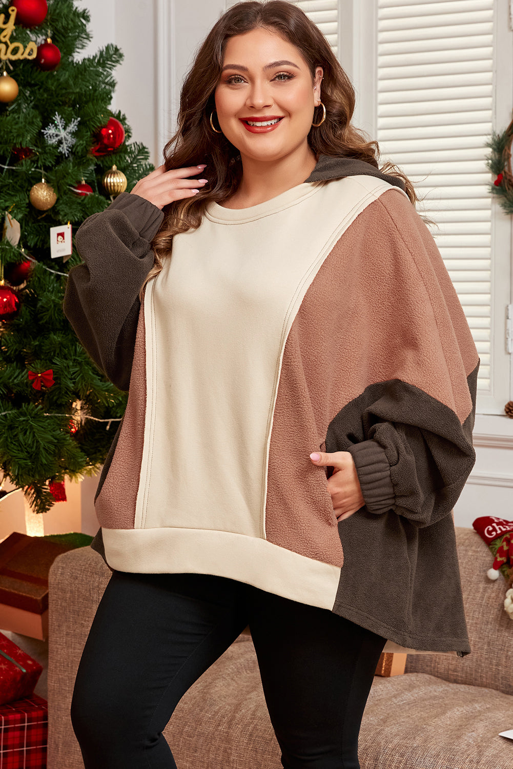 Plus size brown colorblock hoodie with exposed seams from Dear-Lover, featuring a stylish and comfortable fit for plus size sweatshirts.