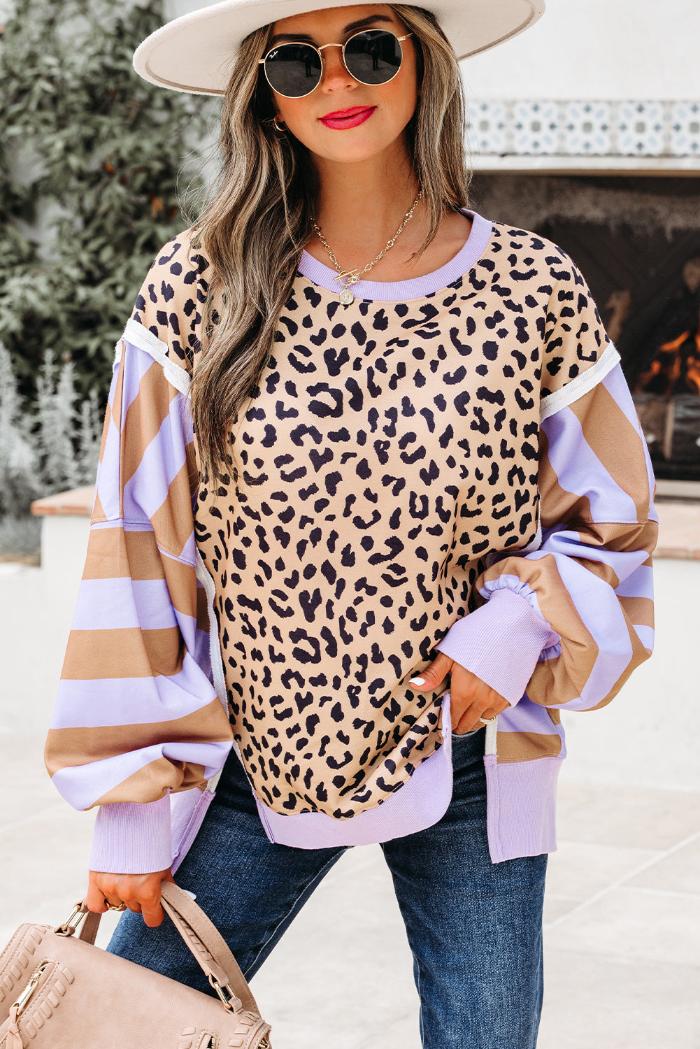 Purple Stripe Leopard Patchwork Sweatshirt