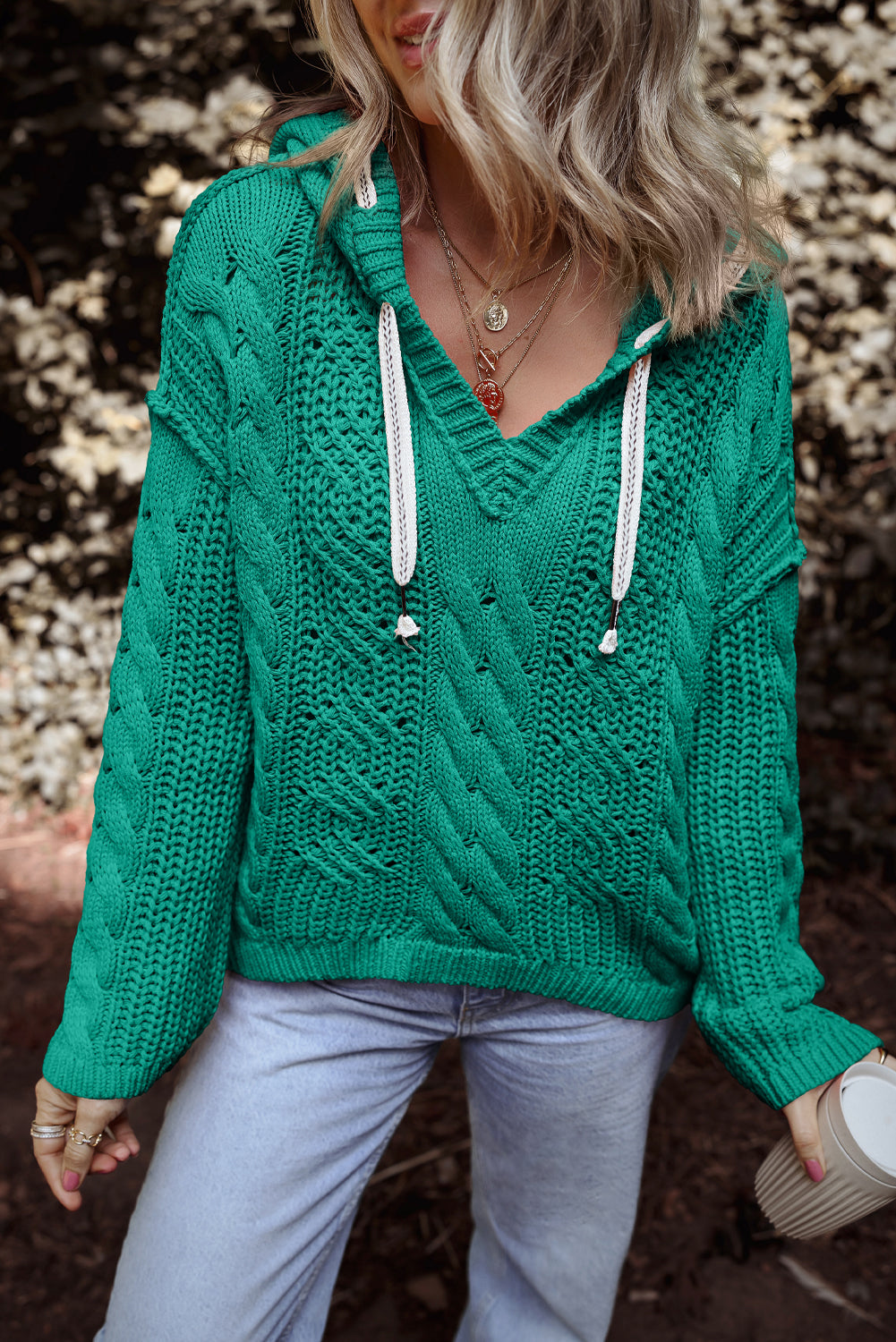 Sea Green Cable-Knit Hooded Sweater