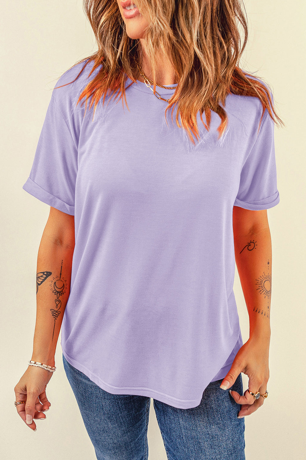 Orchid Petal Casual Plain Crew Neck Tee
