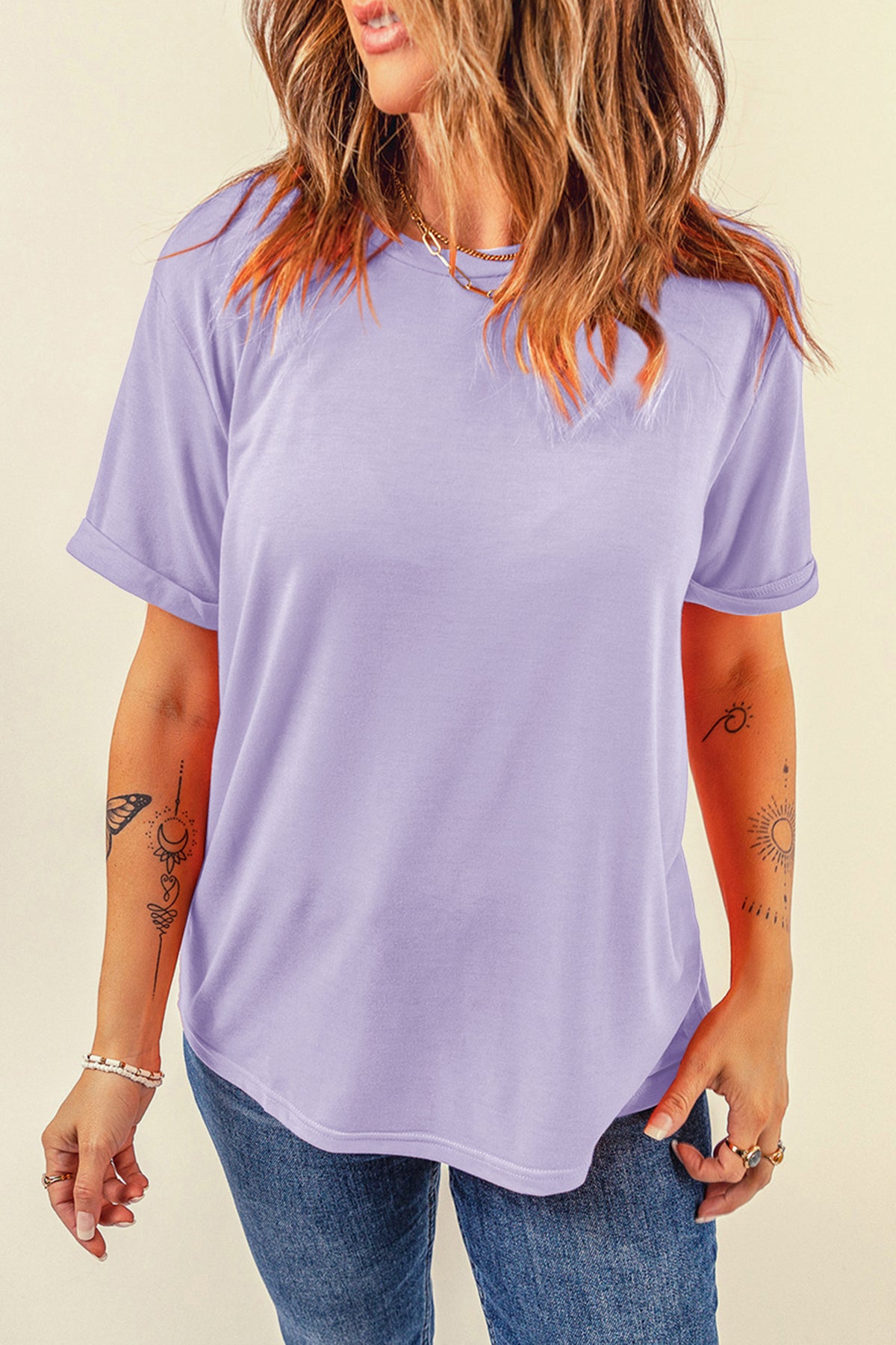 Orchid Petal Casual Plain Crew Neck Tee