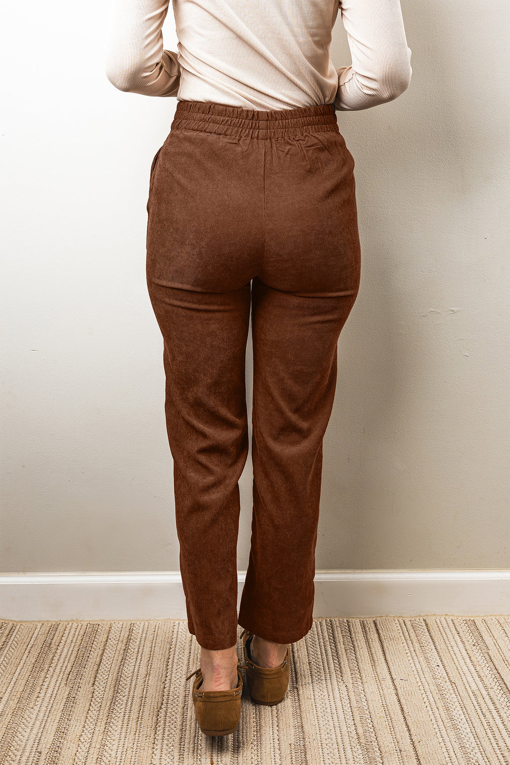 Light brown corduroy ankle-length pants with elastic waist, straight-leg style, by Dear-Lover, perfect for casual wear.