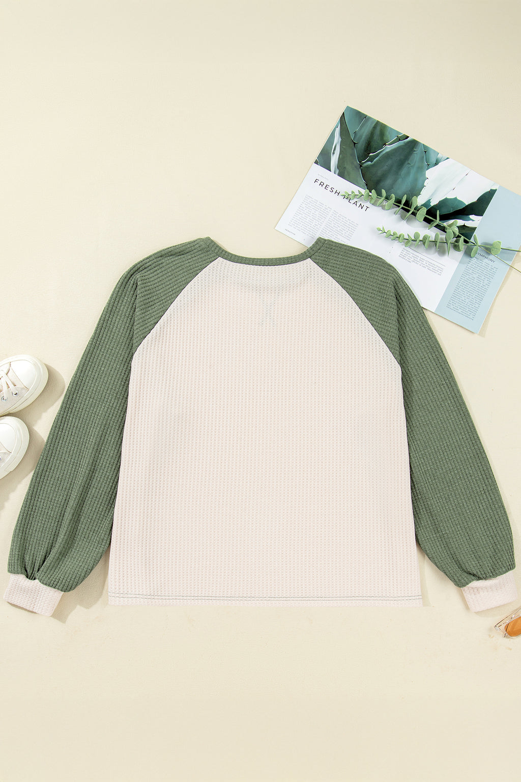 Mist Green Plus Size Waffled Color Block Long Sleeve Top