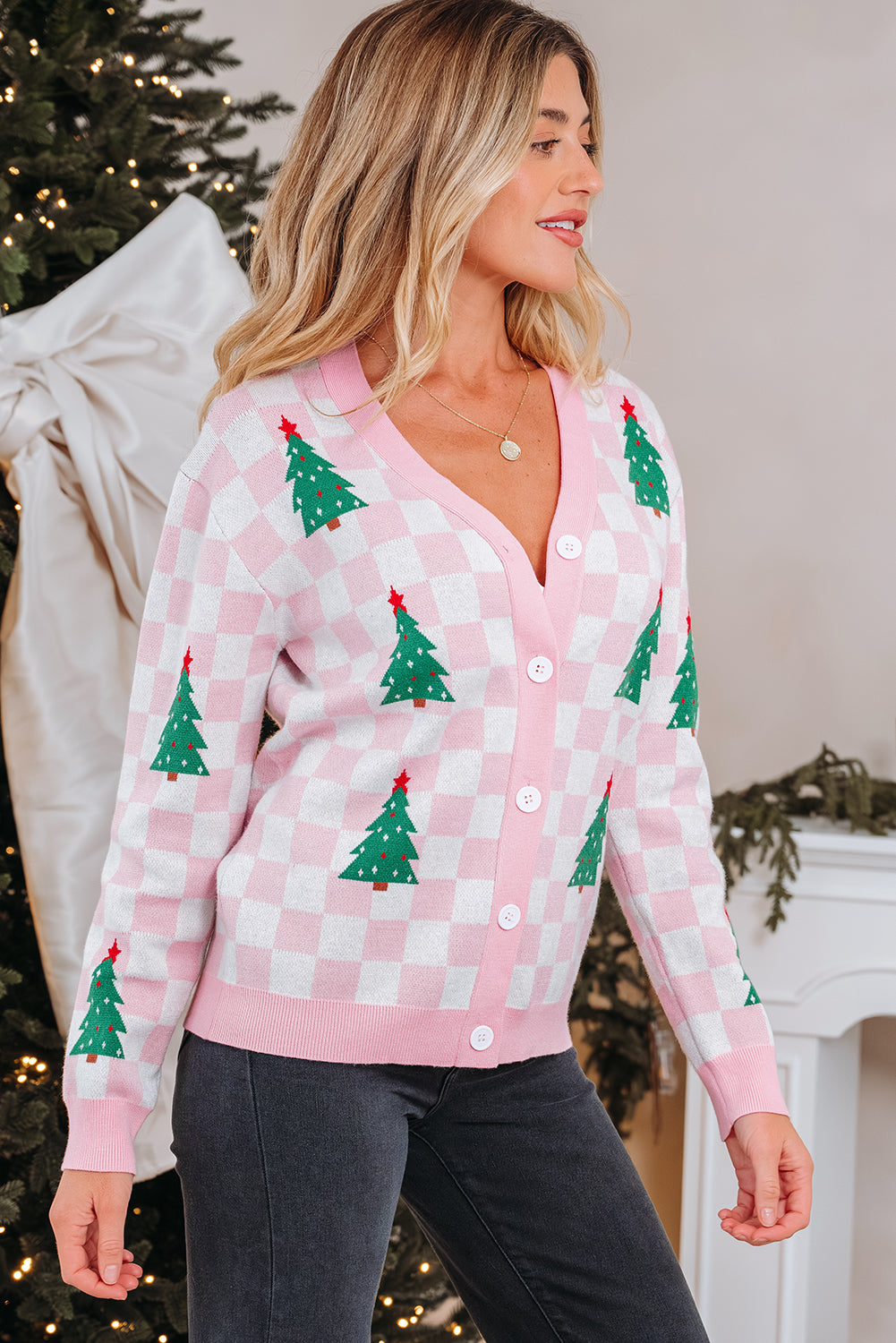 Pink Checkered Christmas Tree Cardigan