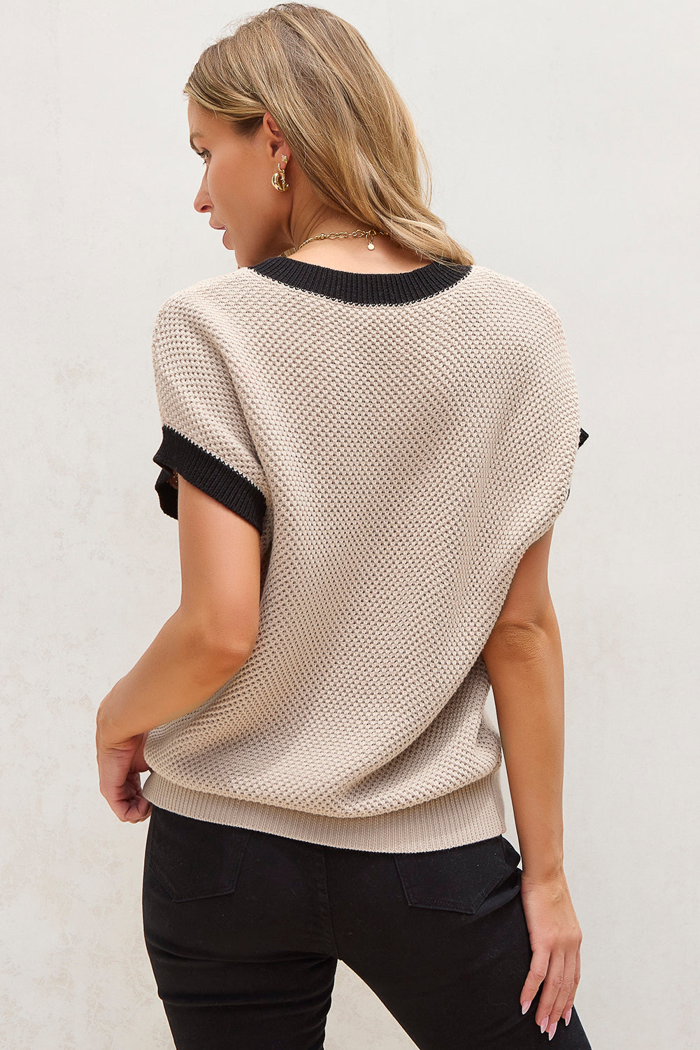 Light French Beige Contrast-Trim Batwing Sweater