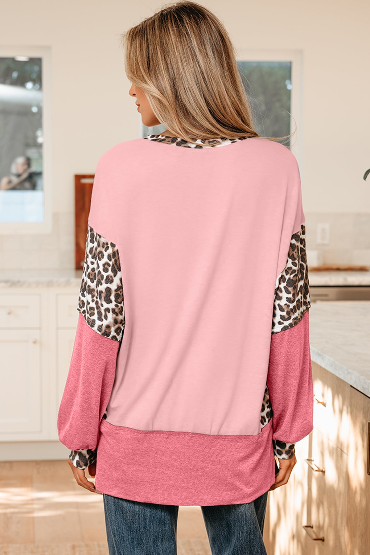 Light Pink Color Block Leopard Patchwork Dolman Sleeve High Low Baggy Sweatshirt