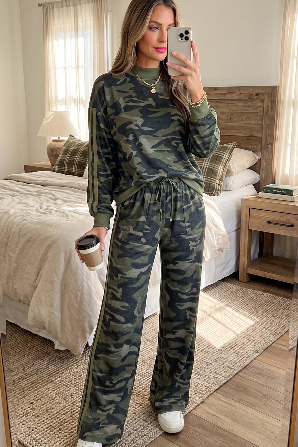 Multicolour camouflage patchwork striped long sleeve top and casual pants set by Dear-Lover, two-piece fashion outfit.