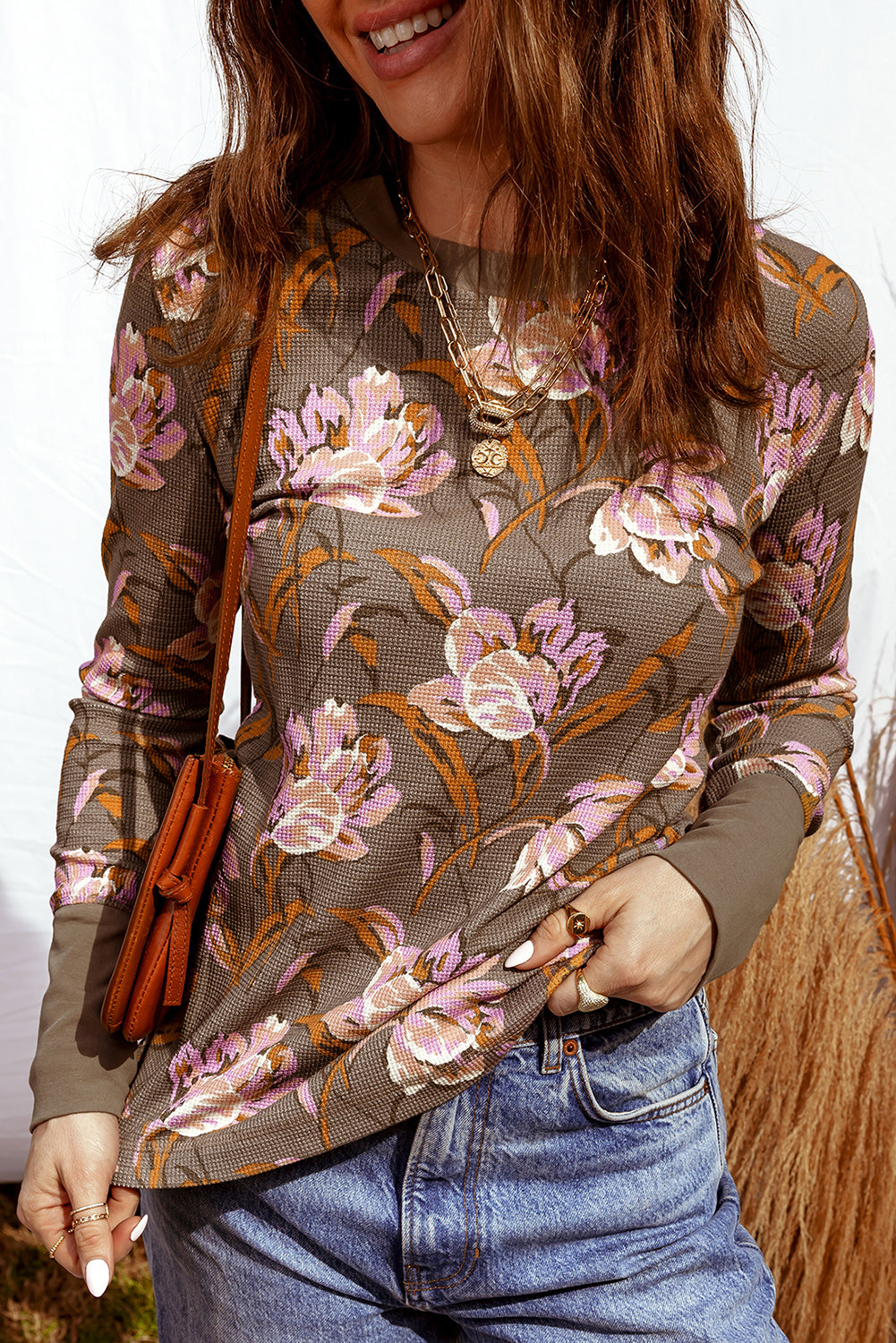 Brown Floral Print Waffle Textured Long Sleeve Top