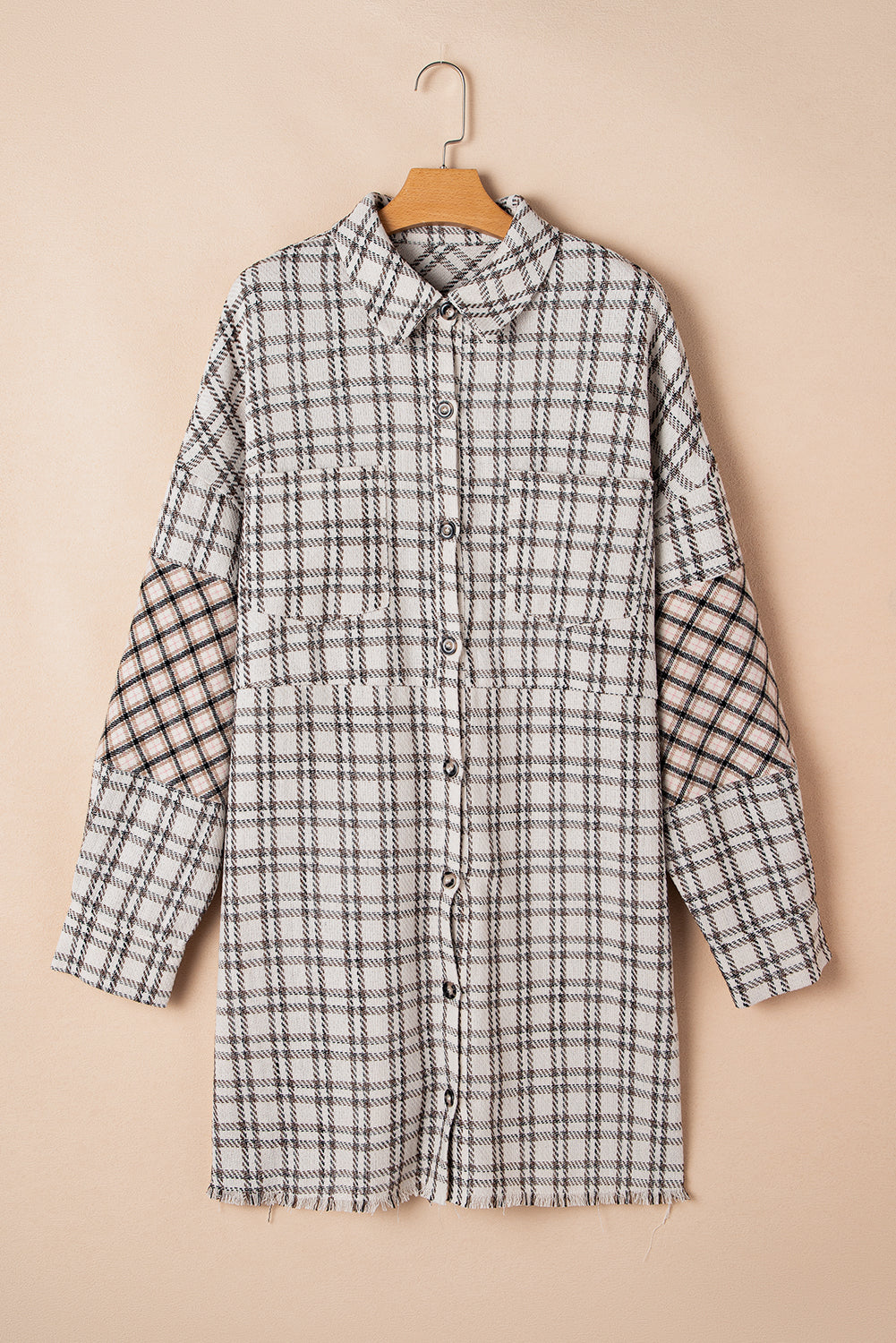 White stripe plaid plus size tunic shirt dress with button accents and raw hem from Dear-Lover, styled with a casual, relaxed fit.