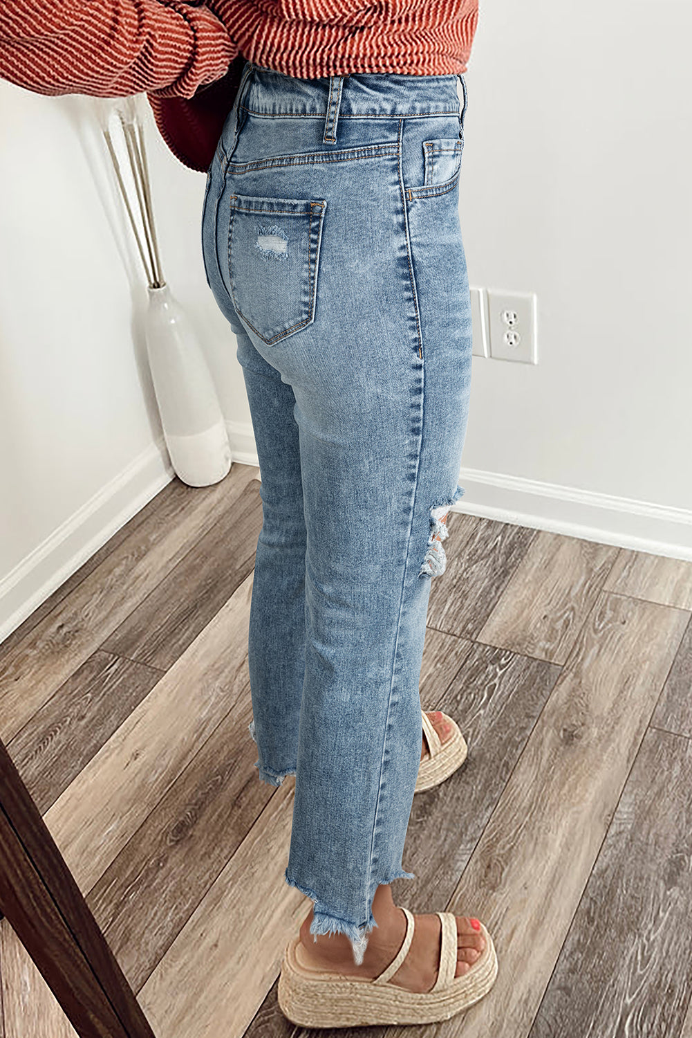 Myosotis Raw Hem Ripped Open Knee Fit Flare Jeans by Dear-Lover, stylish denim bottoms with distressed detailing and open knee design.