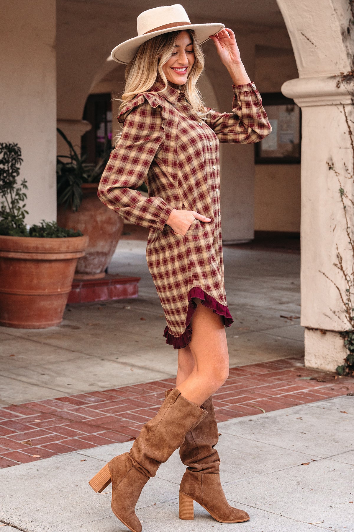 Red plaid print ruffled long sleeve mini dress with patchwork hem by Dear-Lover, featuring a stylish shirt dress design.
