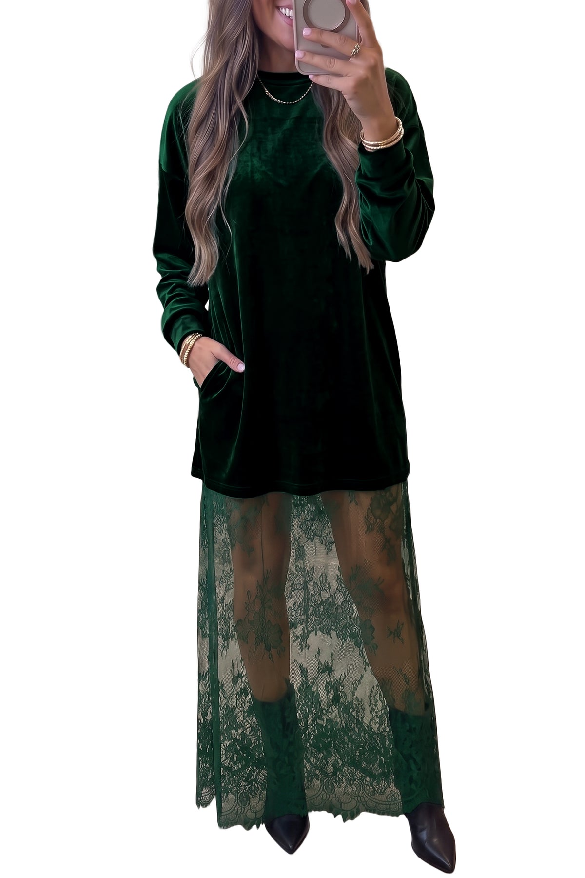 Black velvet long sleeve lace splicing hem maxi dress by Dear-Lover, featuring elegant lace details and a flowing silhouette.