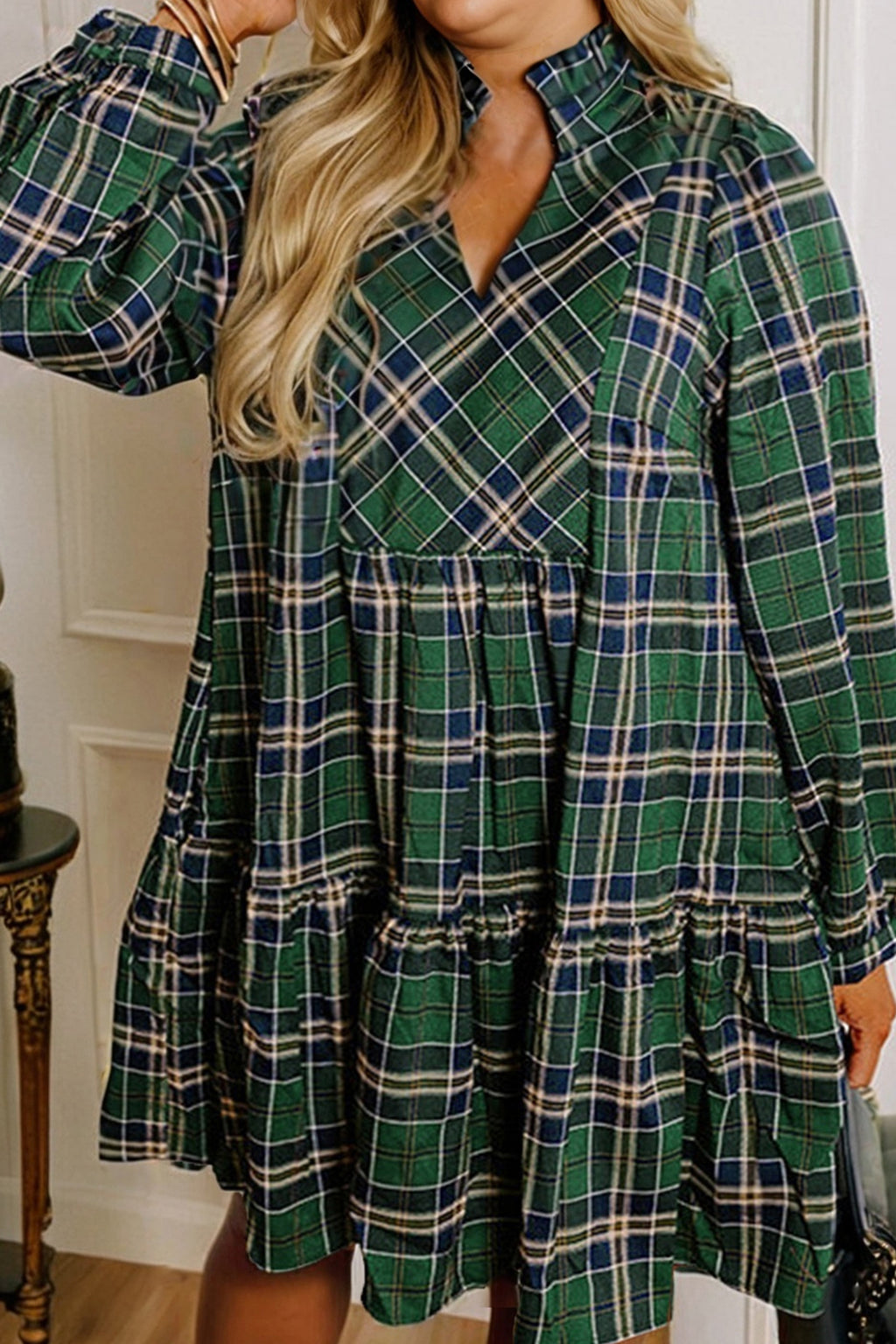 Green Plus Size Plaid Long Sleeve Notched Neck Shift Mini Dress