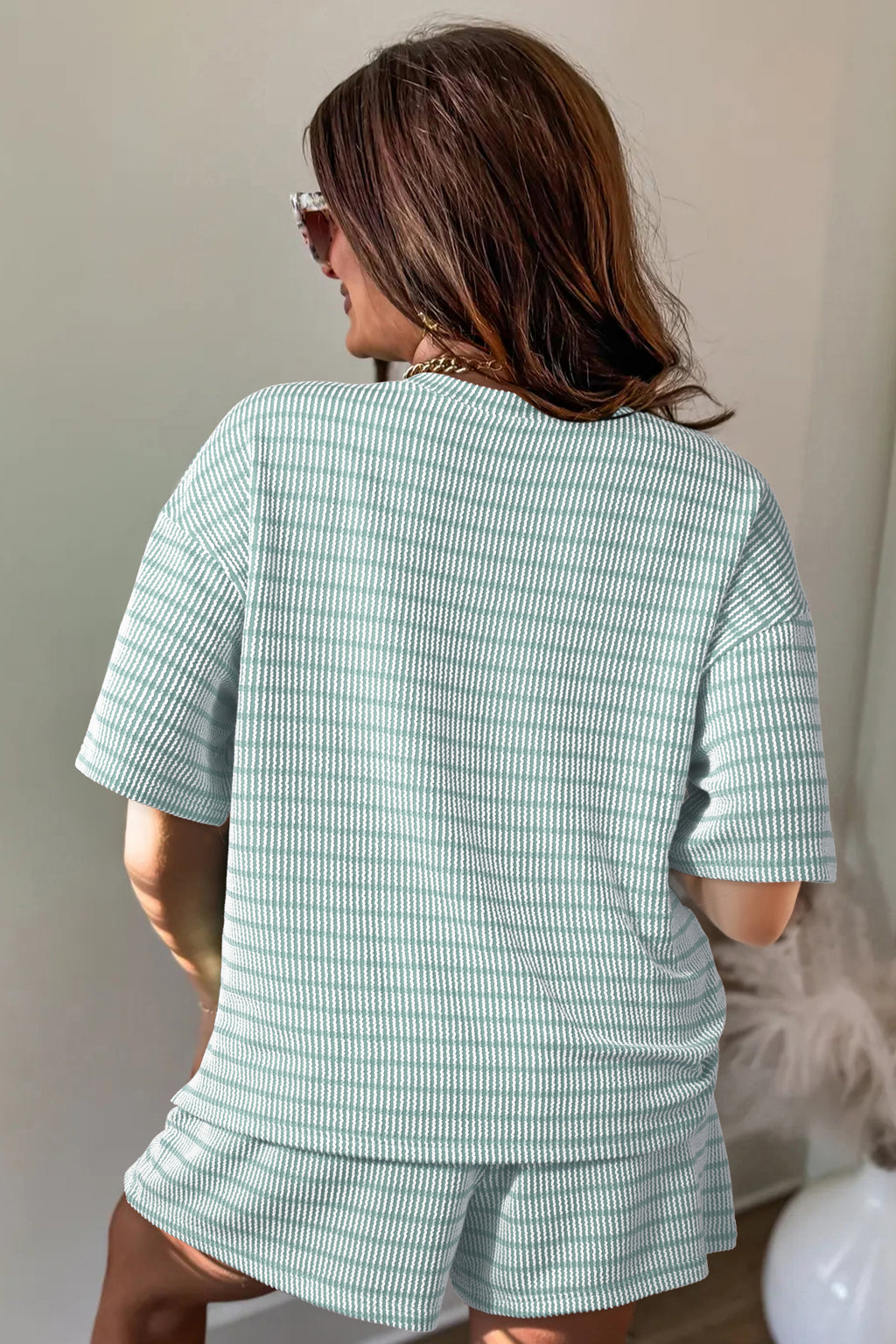 Sky blue and white stripe two-piece short set with a loose tee and drawstring elastic waist shorts by Dear-Lover.