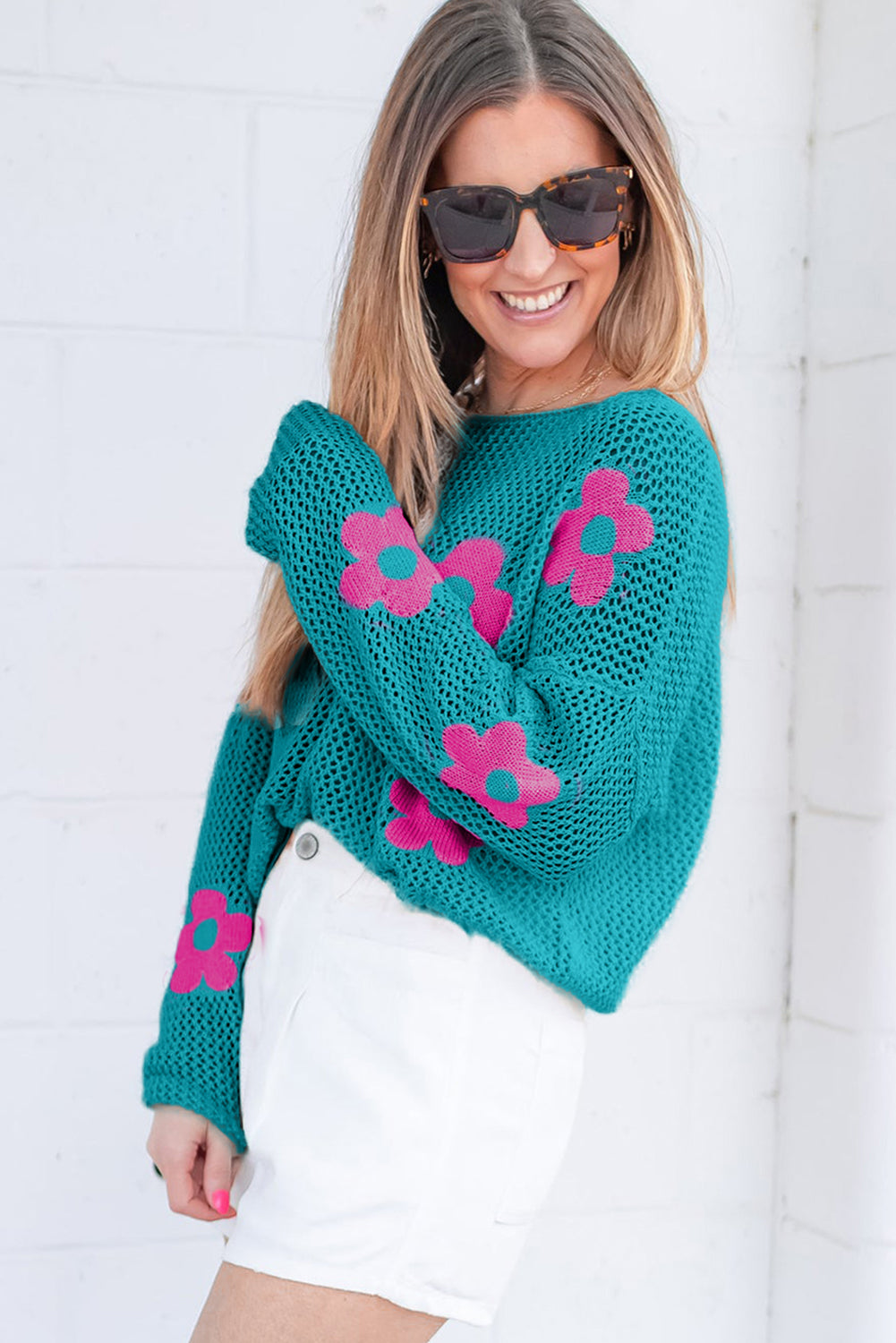 Sea Green Big Flower Drop-Shoulder Sweater
