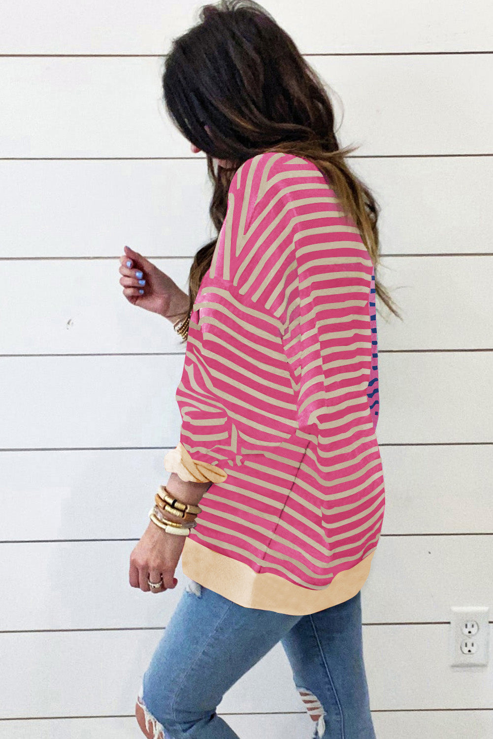 Brown Stripe Colorblock Drop-Shoulder Sweatshirt