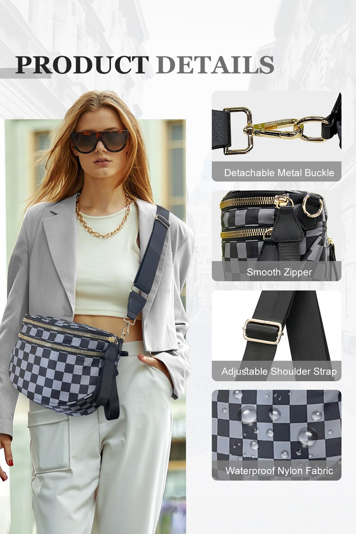 Phalaenopsis Checkered Print Wide Strap Large Crossbody Bag