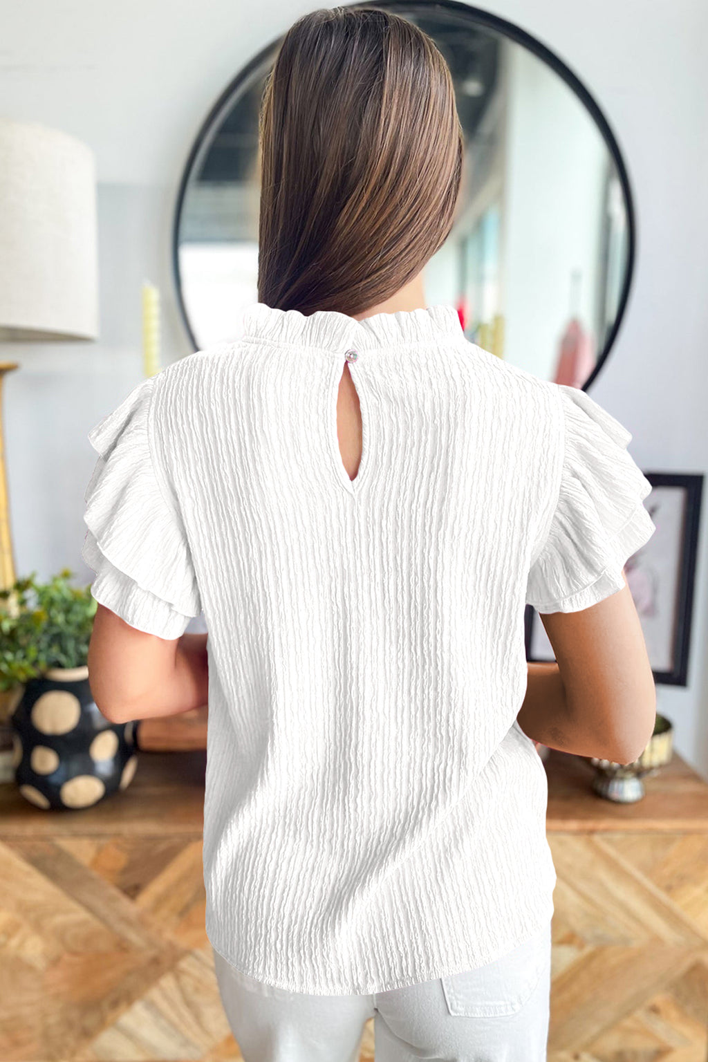 Black Textured Ruffle-Trim Blouse