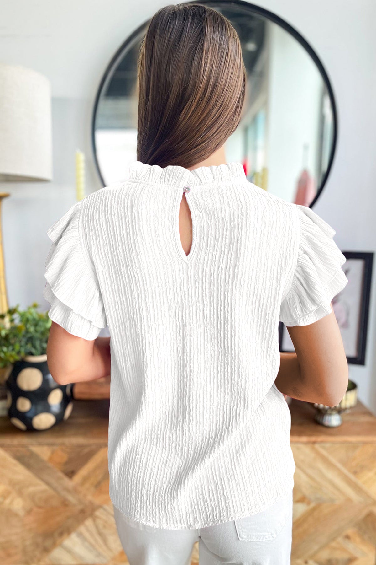 Black Textured Ruffle-Trim Blouse