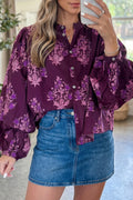 Purple Floral Button-Front Long Puff Sleeve Shirt