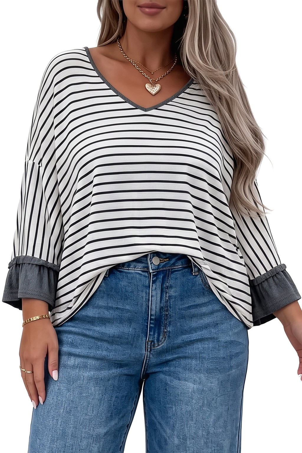 Gray stripe ruffled bracelet sleeve V-neck plus size top by Dear-Lover, featuring a stylish design with ruffles and long sleeves.
