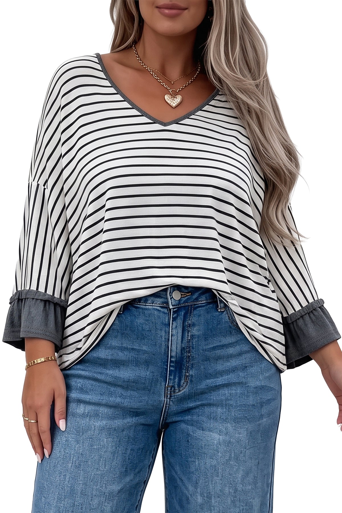 Gray stripe ruffled bracelet sleeve V-neck plus size top by Dear-Lover, featuring a stylish design with ruffles and long sleeves.