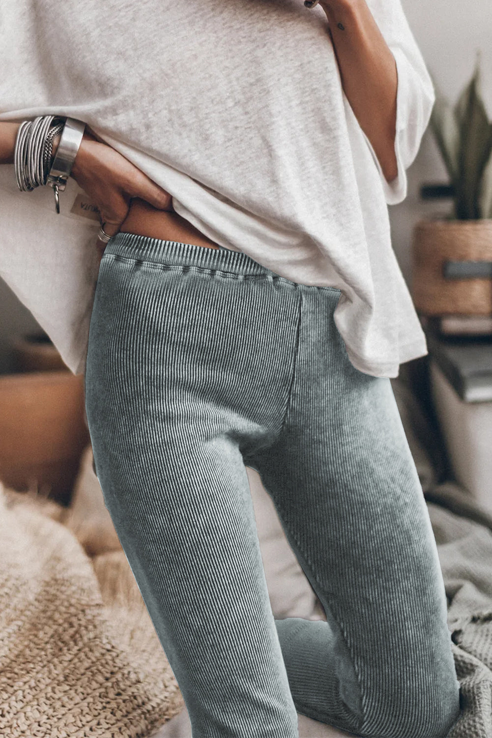 Dark grey vintage wash ribbed leggings from Dear-Lover, featuring a fitted design and textured ribbed fabric for casual style.