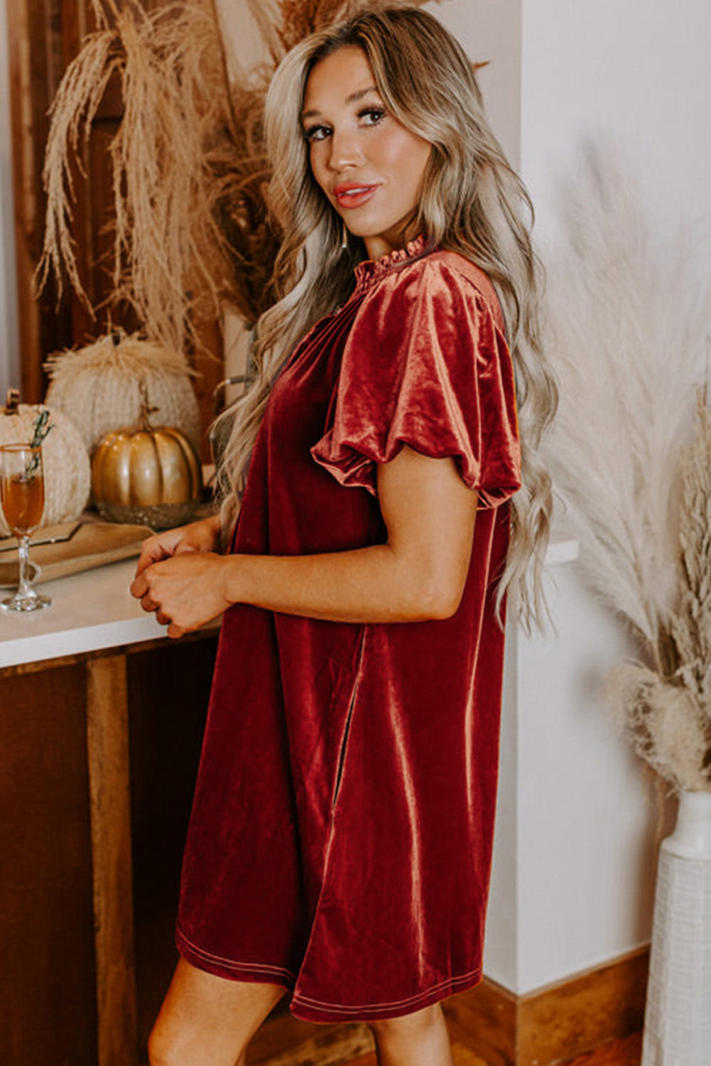 Cinnamon velvet mini dress with smocked neckline and puff sleeves, stylish shift dress by Dear-Lover Dropshipping.