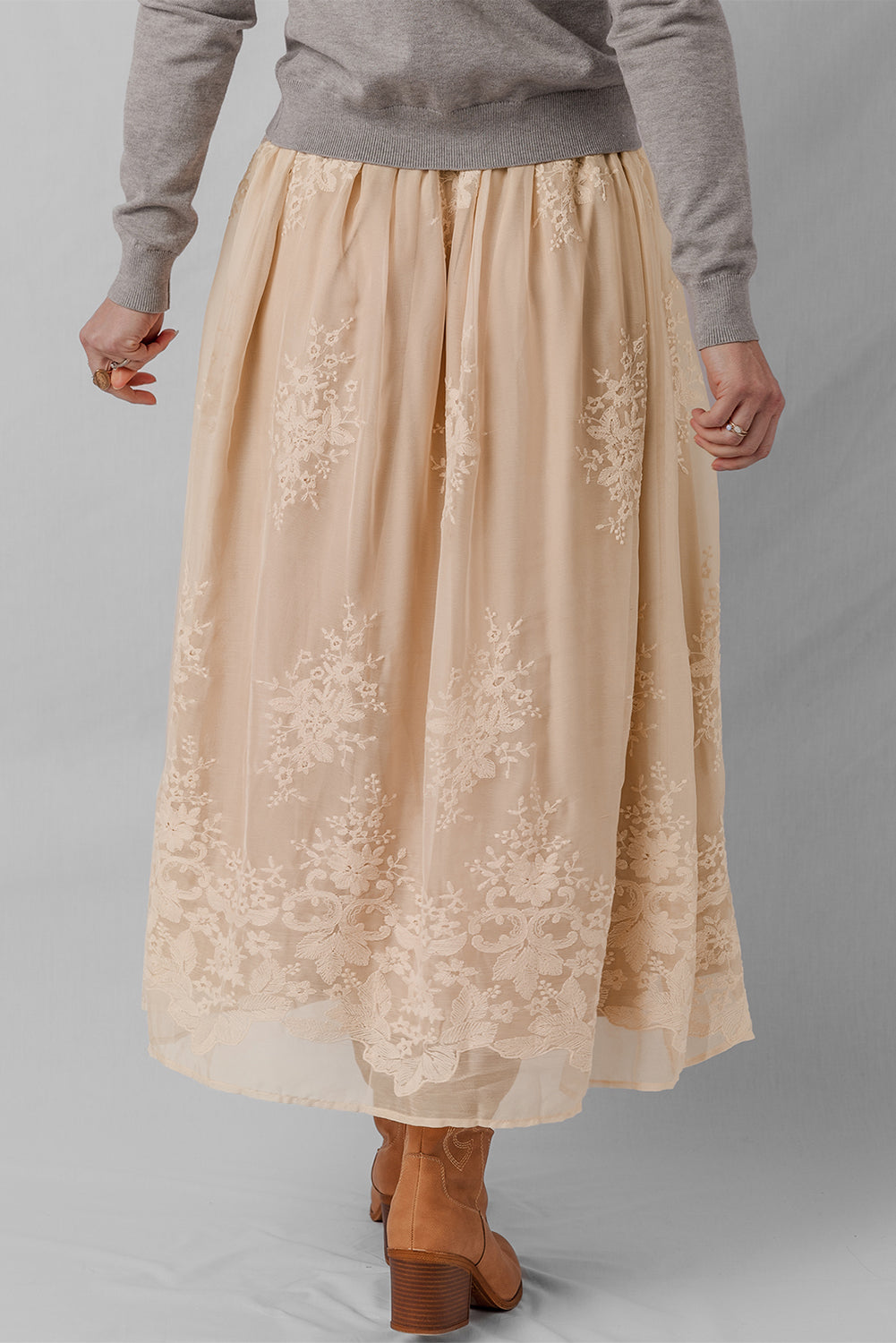 Oatmeal embroidered mesh overlay flowy long skirt from Dear-Lover featuring a lightweight, elegant design with intricate embroidery details.