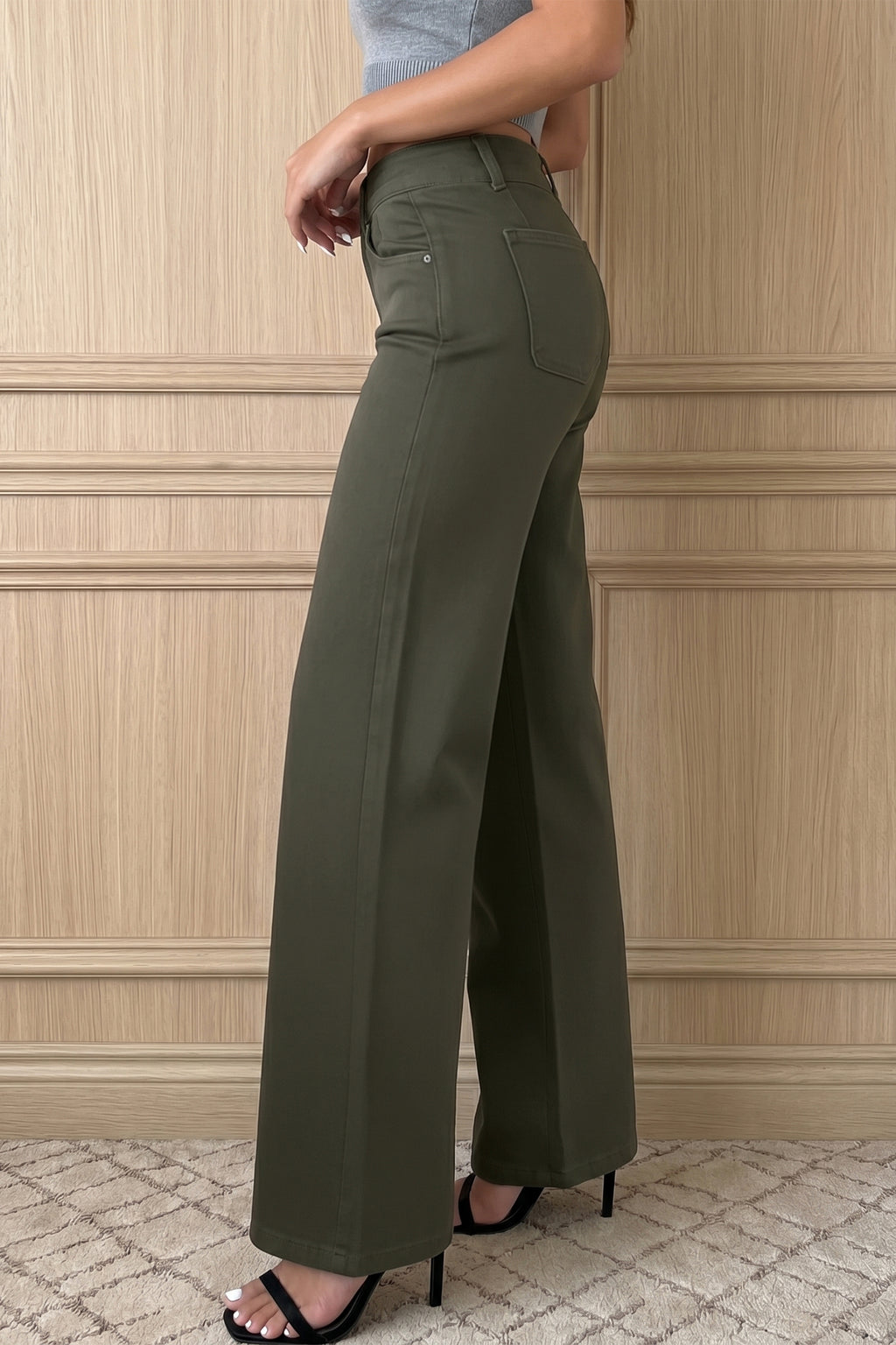 Mist Green high waist wide leg jeans with 2-button detail from Dear-Lover, showcasing the relaxed fit and stylish design.