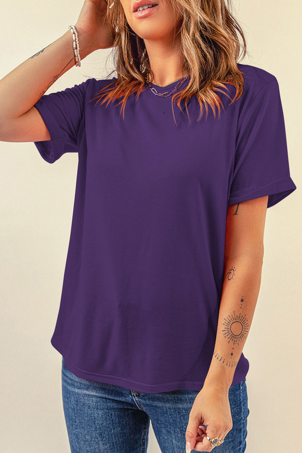 Orchid Petal Casual Plain Crew Neck Tee