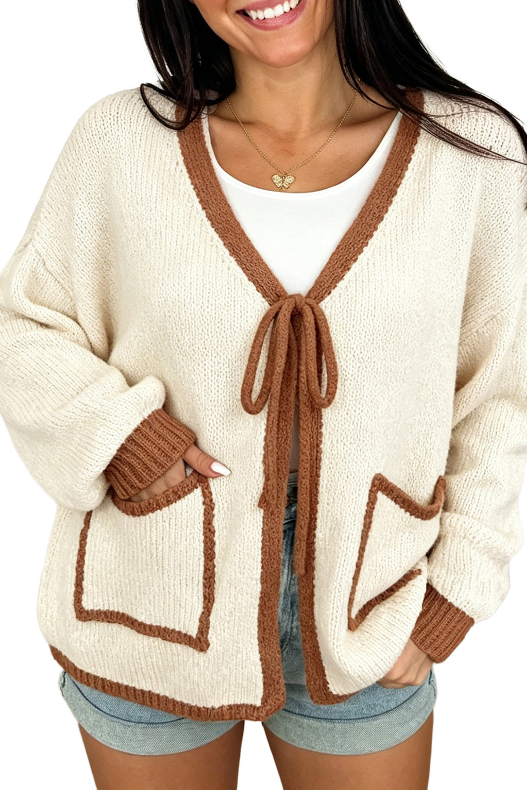 Dear-Lover chestnut V-neck cardigan with contrast trim, tie-front design, loose fit, perfect for casual or layered outfits.
