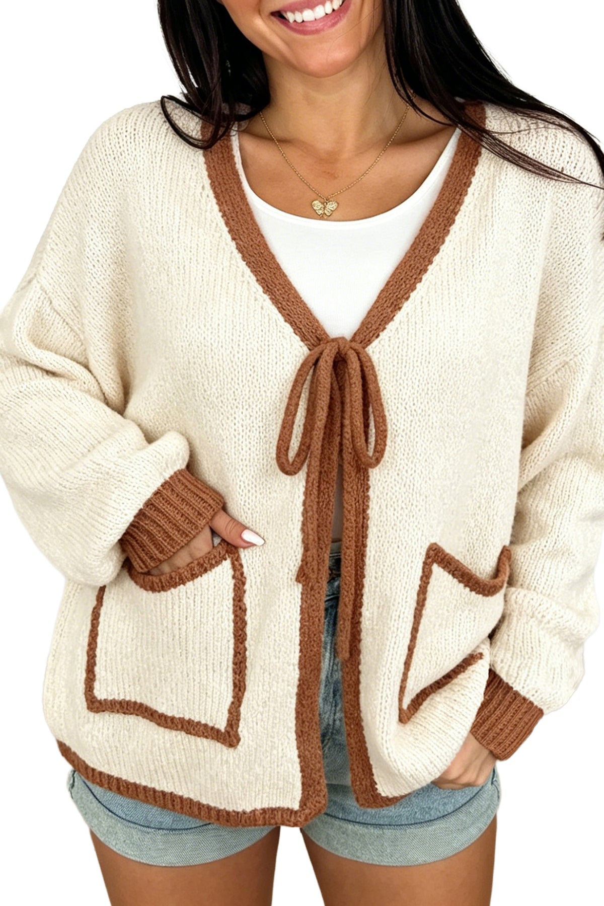 Dear-Lover chestnut V-neck cardigan with contrast trim, tie-front design, loose fit, perfect for casual or layered outfits.