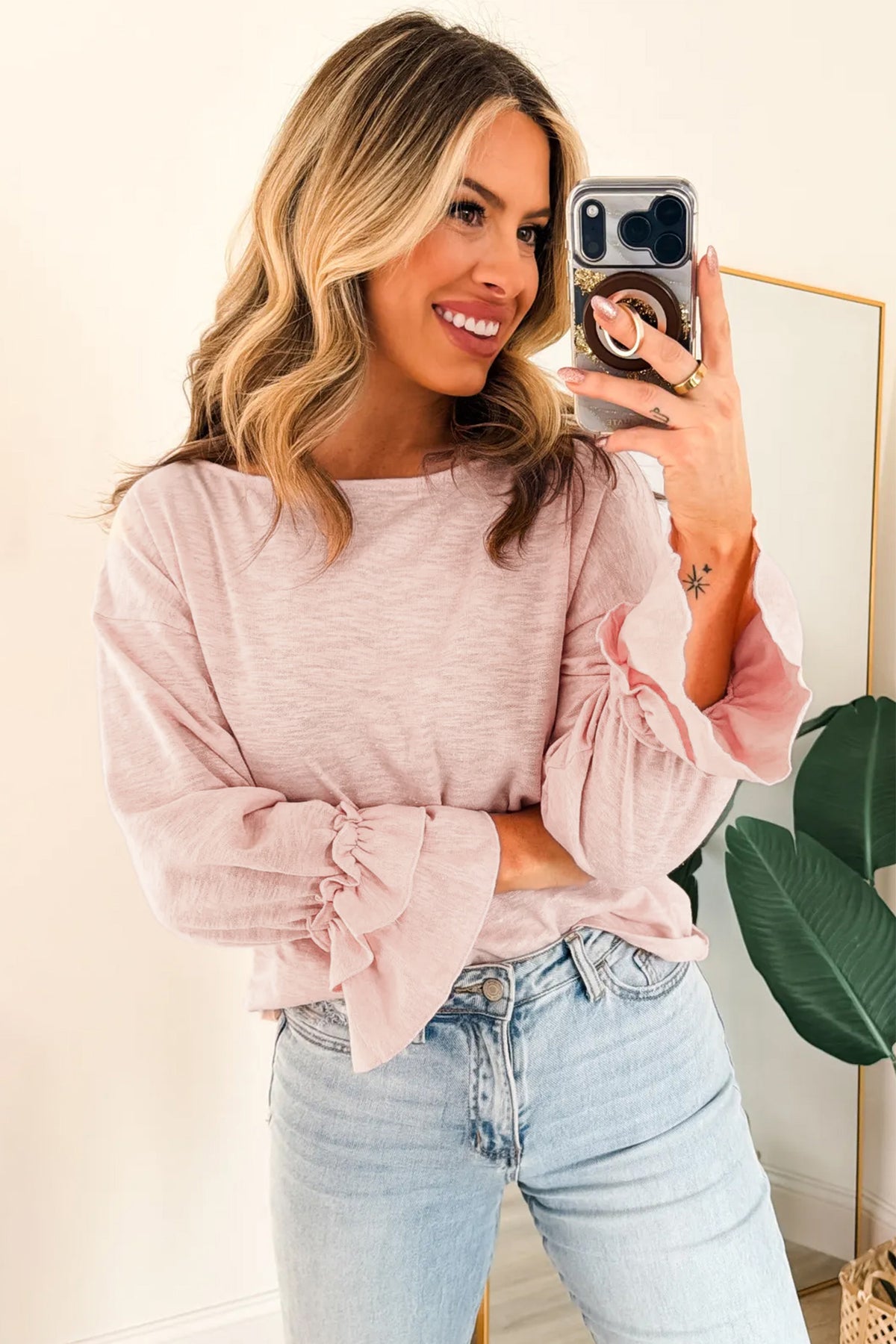 Gossamer Pink Long-Sleeve Ruffle Cuff Top