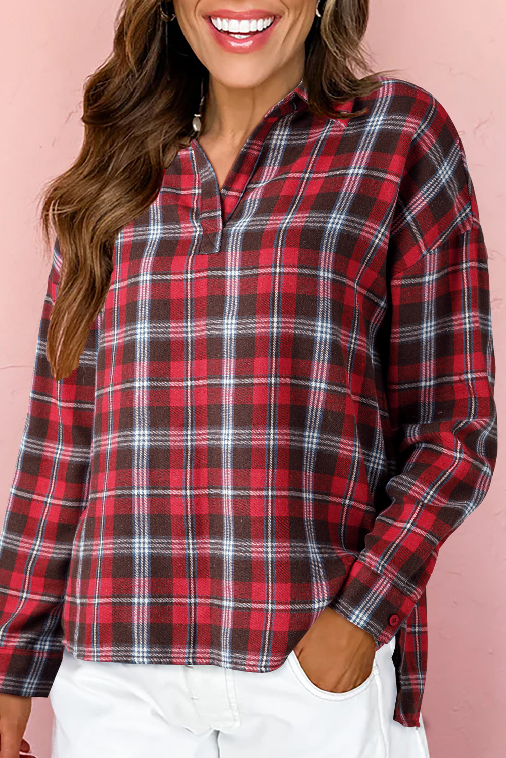 Red Plaid Collared Blouse