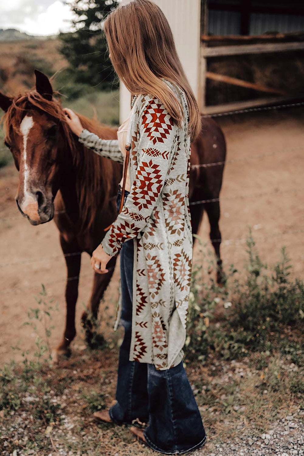 Sky blue Western Aztec printed open front long cardigan by Dear-Lover, featuring vibrant patterns and cozy, lightweight fabric.